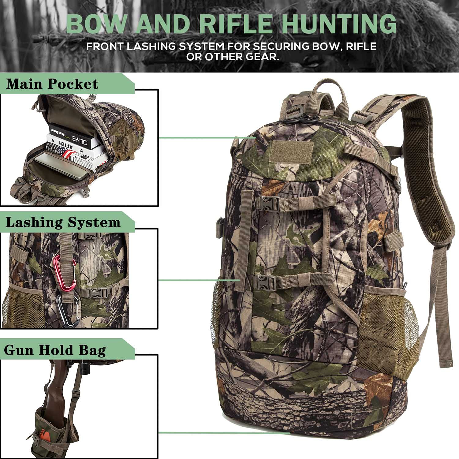 MARITTON Hunting Backpack,Durable Hunting Pack with Bow and Rifle Carry System for Camping,Hunting,Hiking. (Camo-Green)