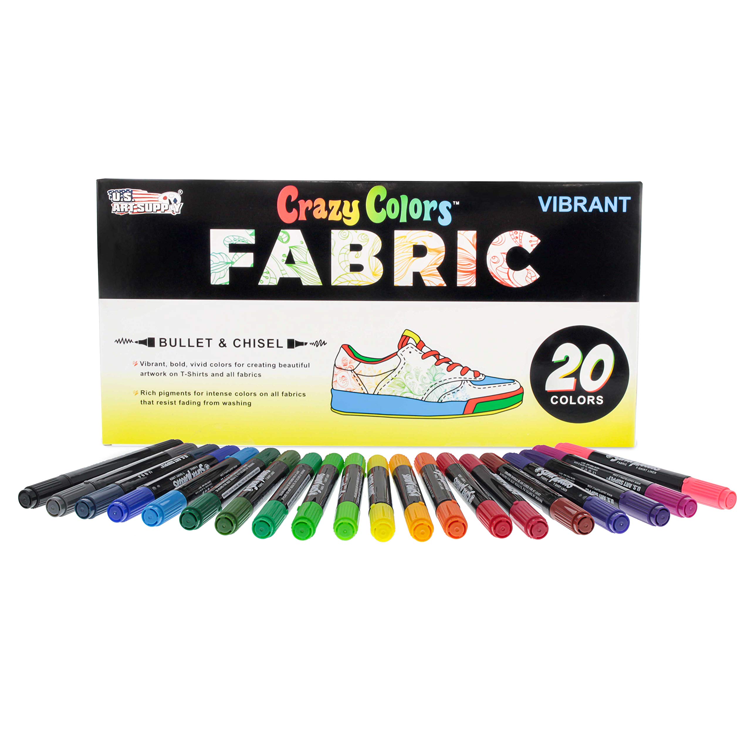US Art Supply Super Markers 20 Unique Colors Dual Tip Fabric & T-Shirt Marker Set-Double-Ended Fabric Markers with Chisel Point and Fine Point Tips - 20 Permanent Ink Vibrant and Bold Colors