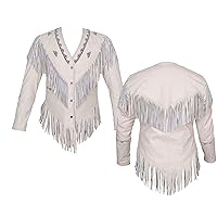 100% Native American Western Women's Suede Leather white Jacket with Fringe & Beaded Work (Free Express Shipping)