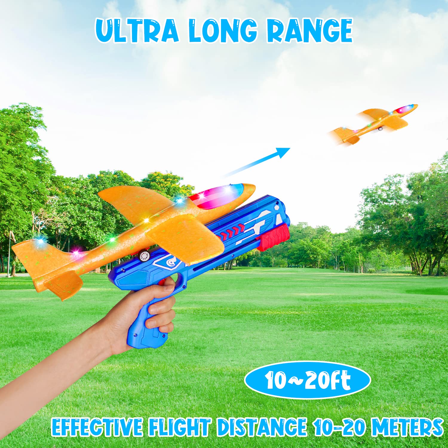 TOYFIT 2 Pack LED Light Airplane Launcher Toy Set, Throwing Foam Glider Catapult Plane, Outdoor Flying Games Toys for Kids, Birthday Gifts for Boys Girls 3 4 5 6 7 Years Old