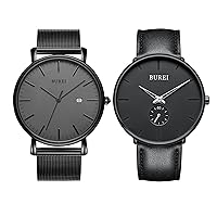 BUREI Leather and mesh Belt Watches for Men