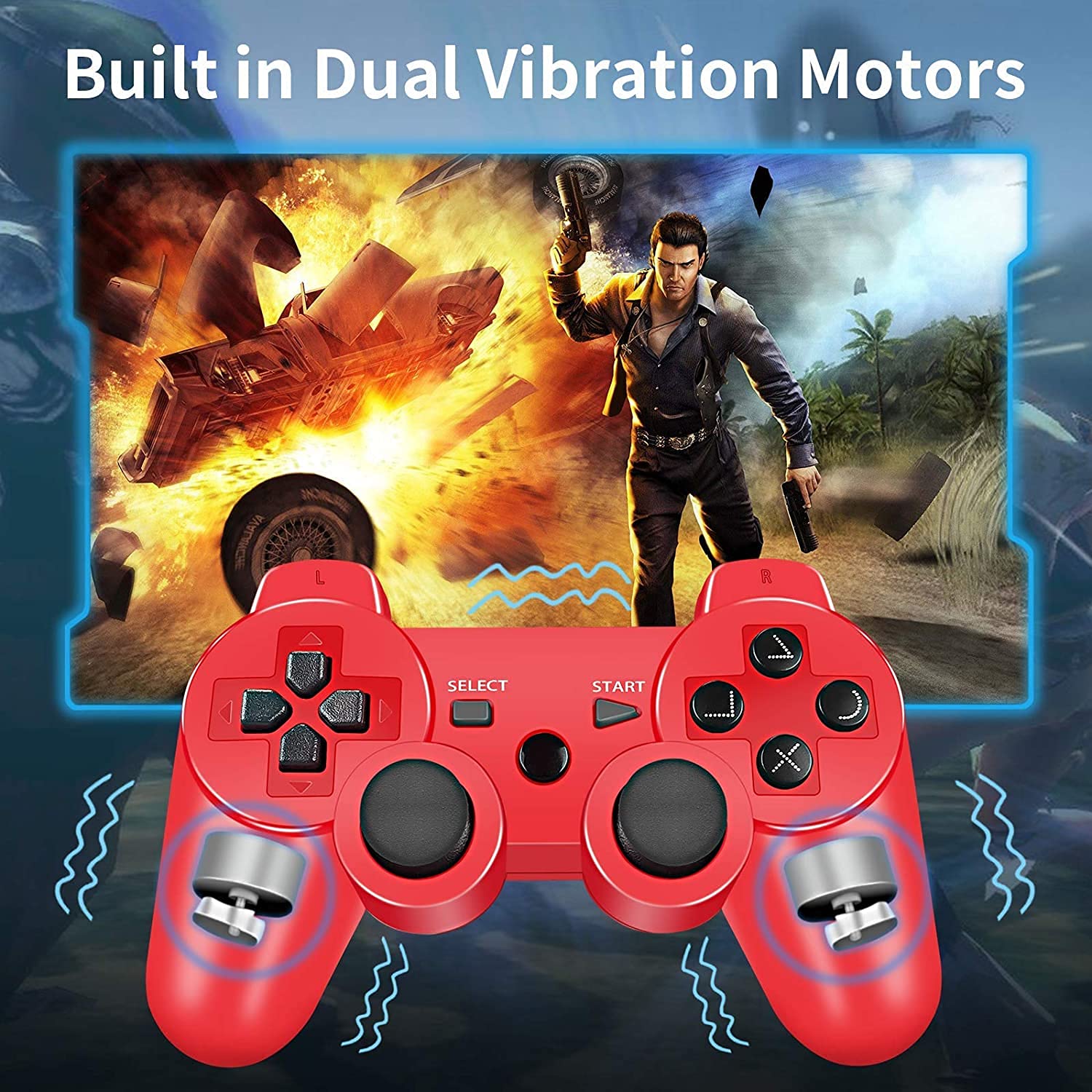 2 Pack PS3 Wireless Controller Playstation 3 Controller Wireless Bluetooth Gamepad with USB Charger Cable for PS3 Console (Red+White)