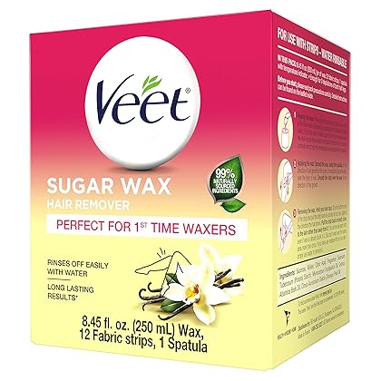 VEET Sugar Wax Hair Remover - Perfect for First Time Waxers - Contains 12 Fabric Strips & 1 Spatula with a Temperature Indicator 8.45 Ounce (Pack of 1)