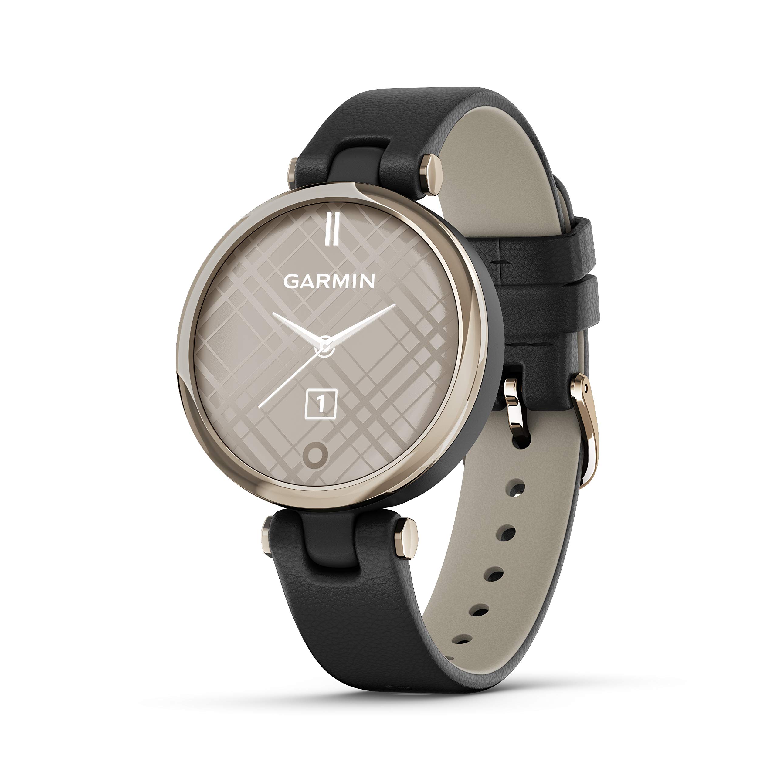 Garmin Lily™, Small Smartwatch with Touchscreen and Patterned Lens, Light Gold with Black Leather Band, 1 inch