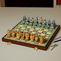 NOVICA Handmade Lacquered Wood Chess Set Traditional Painted from Tajikistan Blue Yellow Sets Games Cultural 'Tajikistan Intellectual'