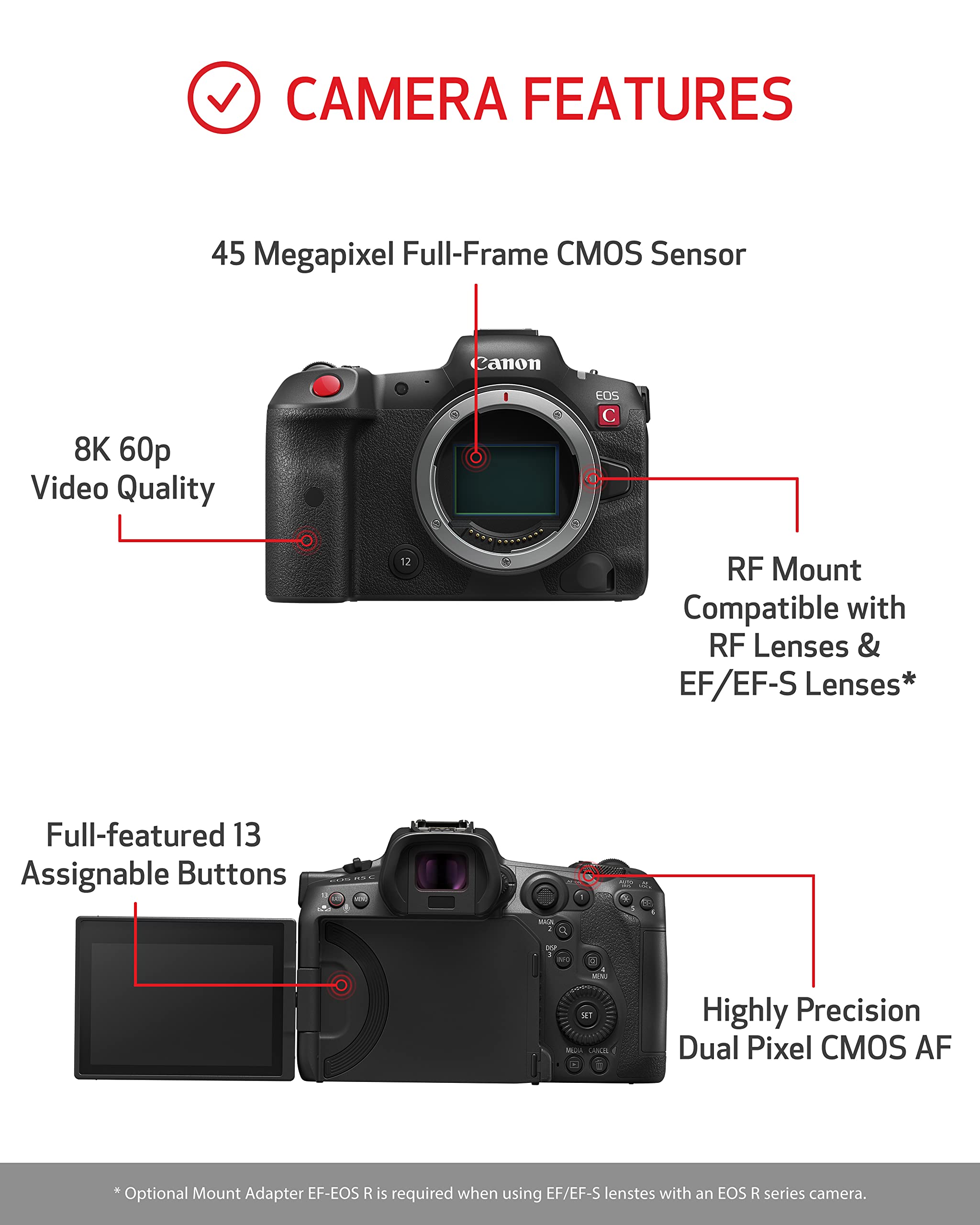 Canon EOS R5 C (Body) - Compact, Mirrorless Cinema EOS Camera - Full-Frame 8K IS & DIGIC X Processor, 8K/60K Internal RAW, HDMI 8K RAW Out, 4K/2K Oversampling - Dual Pixel CMOS AF w/iTR AF X