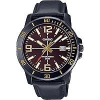 Casio MTP-VD01BL-5BV Men's Enticer Black IP Leather Band Brown Dial Casual Analog Sporty Watch
