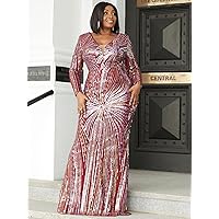 Dress Plus Mesh Panel Sequin Formal Dress (Color : Burgundy, Size : XX-Large)