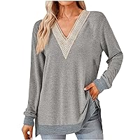 YZHM Women's Casual Tops Long Sleeve Shirts Patchwork V Neck Tunic Tops Loose Flowy Tshirts Soft Comfy Tees Fashion Blouses, Blouses for Women Casual, Blouses for Women Dressy Casual Gray