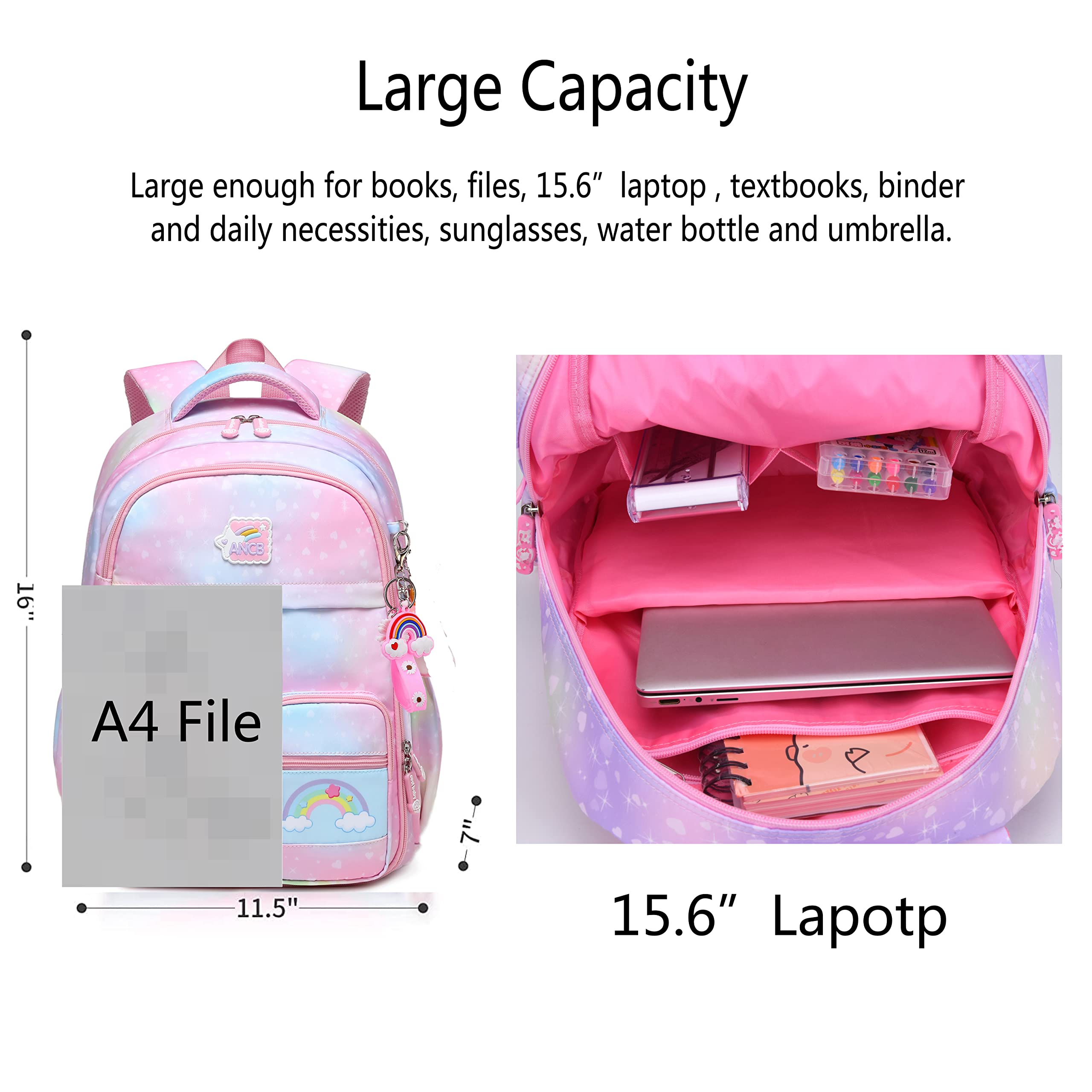 Wraifa Backpack for Girls, Rainbow Bookbag Elementary School Bag Princess  Girl Backpacks With Lunch Box Primary(Lunch Bag Set Heart Pink)