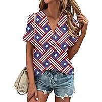 American Flag Days 4Th of July Shirts for Women Short Sleeve T Shirt Summer Trendy Hawaiian Beach V Neck Cotton Tops