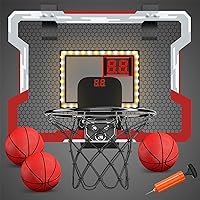 Mini Basketball Hoop Indoor with Scoreboard/LED Light, Glow in The Dark Door Basketball Hoop, Basketball Toy Gifts for Kids Boys Girls Teens Adults, Suit for Bedroom/Office/Outdoor/Pool, Red
