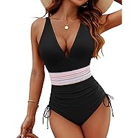Blooming Jelly Women Tummy Control Swimsuits One Piece Slimming Modest Bathing Suit Color Block Drawstring Swim Suits
