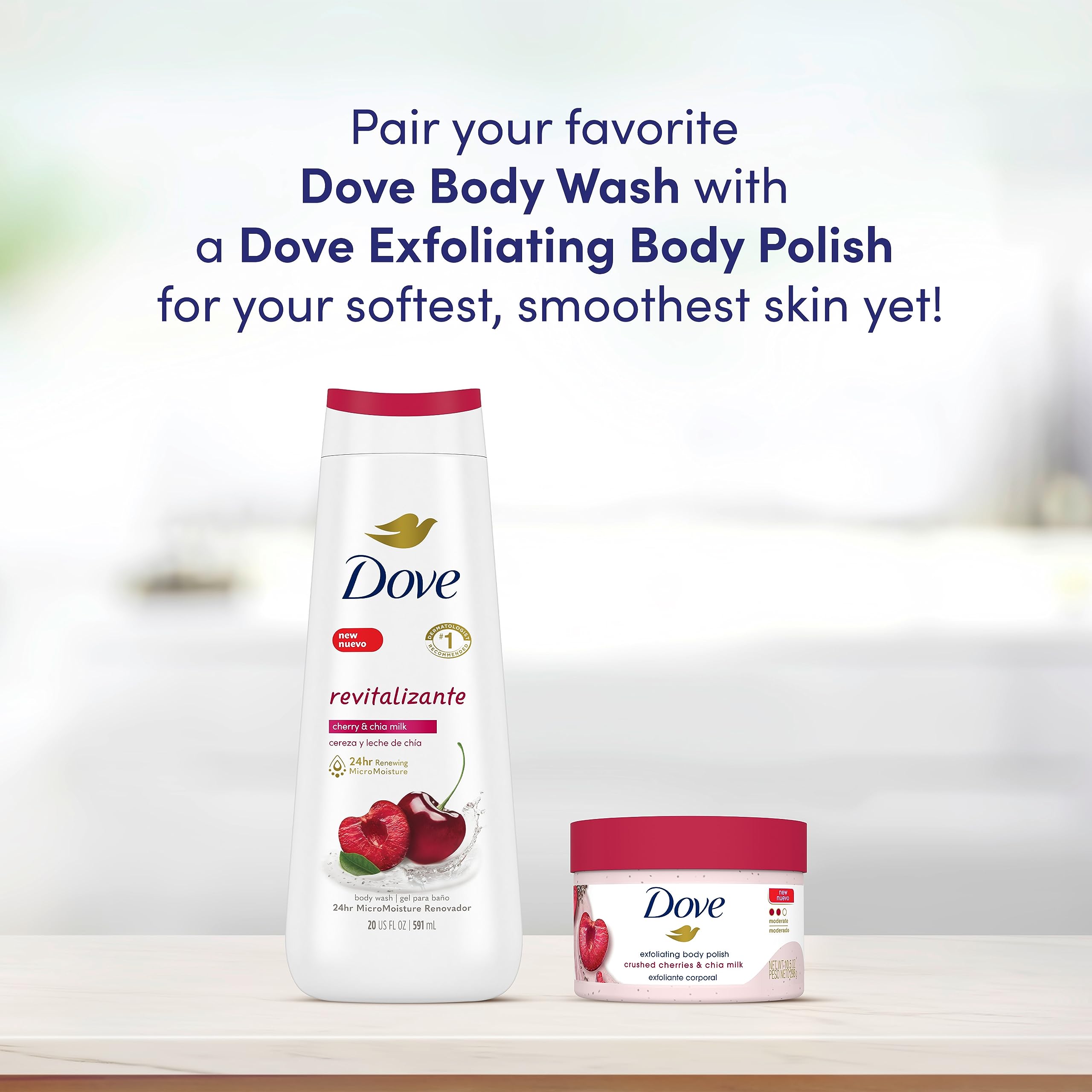 Dove Exfoliating Body Polish Crushed Cherries & Chia Milk Skin Care For Revitalized Skin Formulated With ¼ Moisturizing Cream 10.5 oz