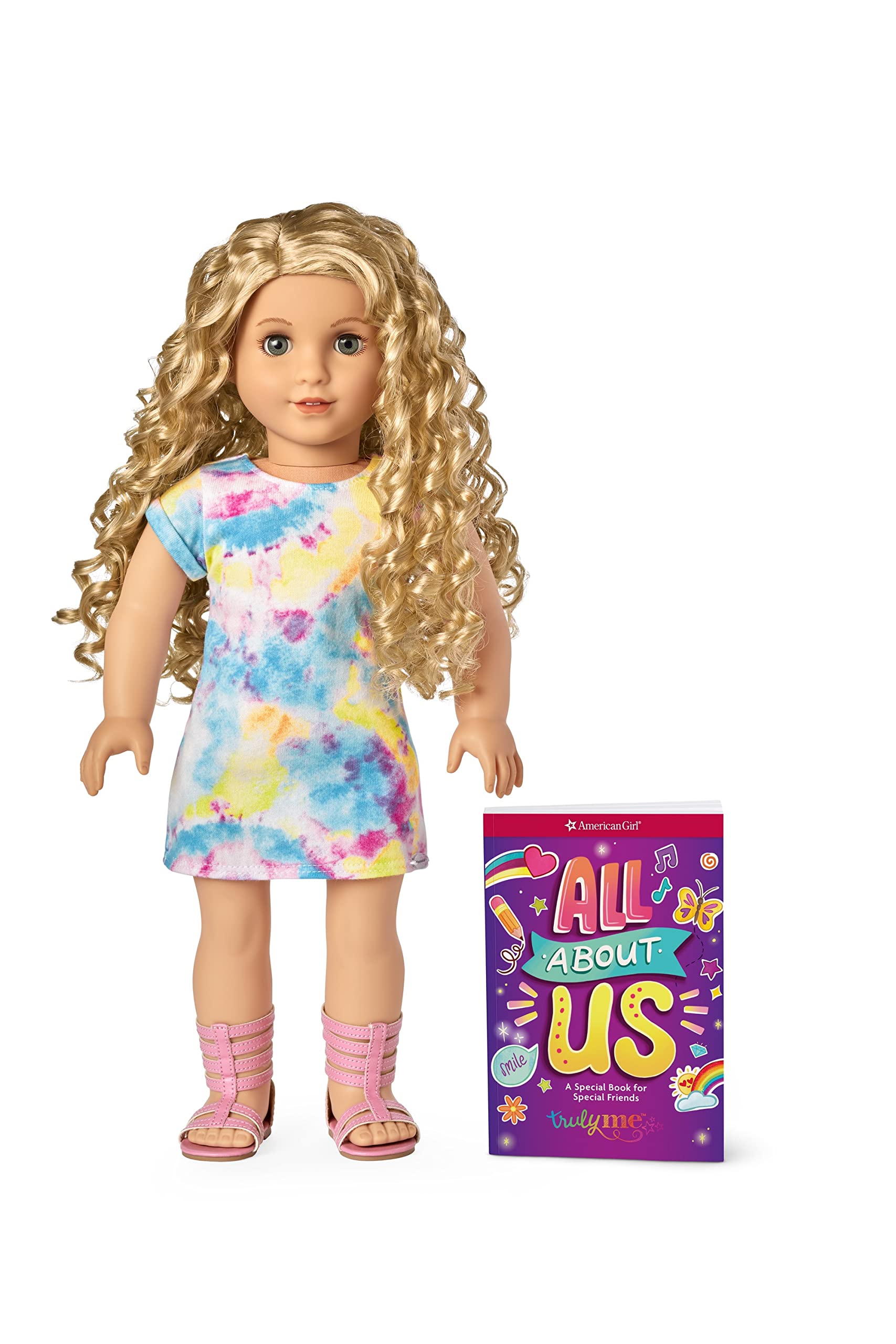 American Girl Truly Me 18-Inch Doll 115 with Gray Eyes, Curly Blonde Hair, Light Skin with Warm Olive Undertones, Tie Dye T-Shirt Dress