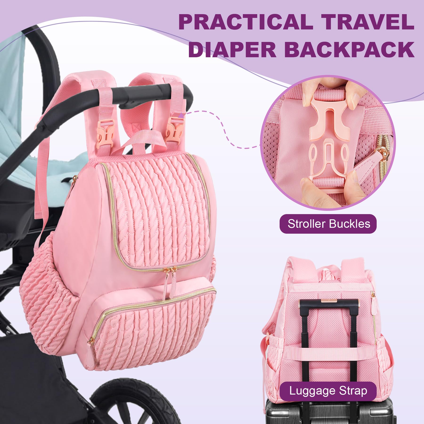 AIMSEAL Large Diaper Bag Backpack with Changing Pad, Stroller Buckles, Insulated Bottle Pockets & Padded Straps, Pink Travel Diaper Bags for Mom Boy Girl, Waterproof, Lightweight, Baby Gift Registry