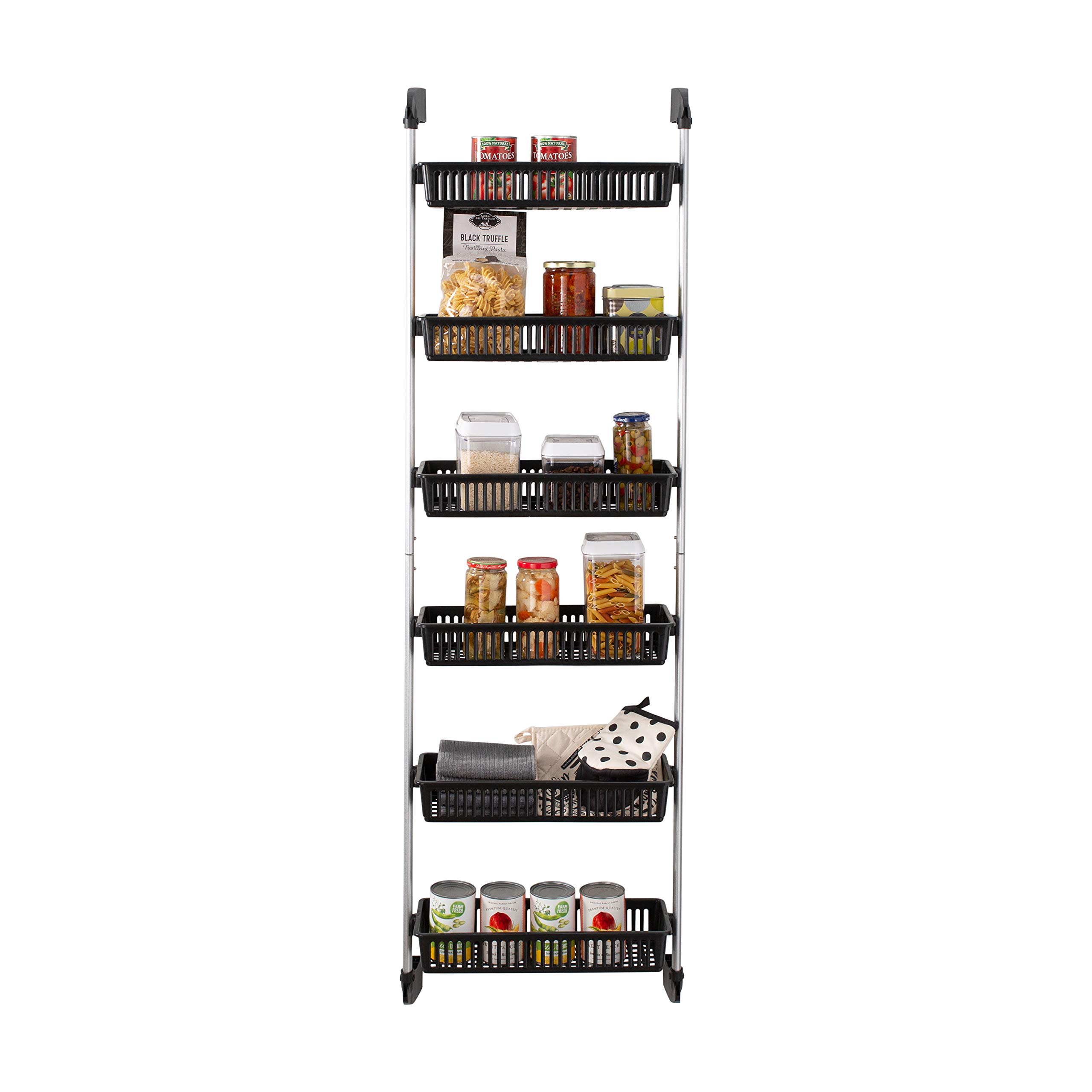 Organize It All Over The Door Storage Unit with Hooks | Dimensions : 7.50 x 19.50 x 59.00 | 6 Basket | Hanging Storage | Great for Kitchen | Bathroom | Bedroom | Space Saver | Black