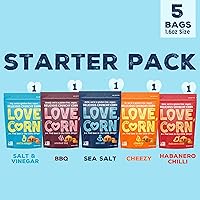 LOVE CORN Sea Salt, BBQ, Salt & Vinegar, Habanero Delicious Crunchy Natural Corn Starter Snack Pack | 1.6oz, 5 bags (1 bag per flavor) | Non-GMO, Gluten-Free, Plant Based, Vegan, Low-Sugar