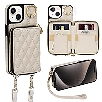 Keallce Case for iPhone 15 6.1'' Wallet Case, Crossbody Zipper Purse with Wrist Strap Lanyard Handbag for Women, RFID Blocking Card Holders, 360° Ring Kickstand Flip Leather Cover for iPhone 15, Beige