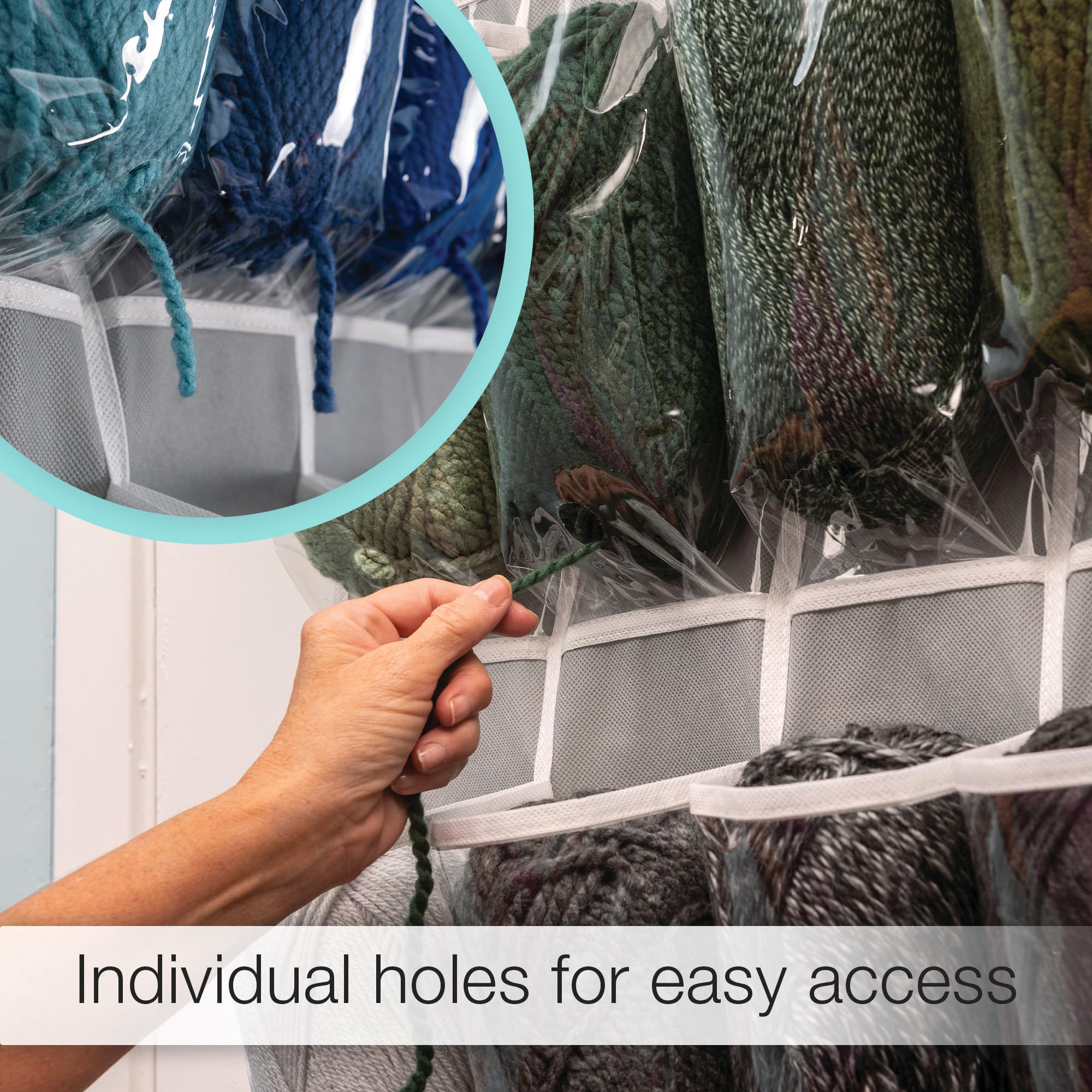 Samsill Over the Door Hanging Yarn Bag Holds 20 Skeins, Clear Expandable Compartments with Individual Holes Allow Easy Access to Yarn, Dustproof Crochet and Yarn Bag for Organizing Craft Supplies