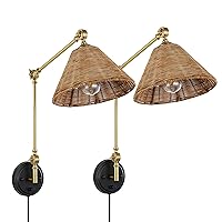 WINGBO Wall Sconce Rattan Wrapped Wall Lamp Set of 2, Adjustable Swing Arm Wall Gold Light Fixture Vintage Bedside Light Wicker Handmade Shade Brass Reading Light Plug in or Hardwire Gold/Black