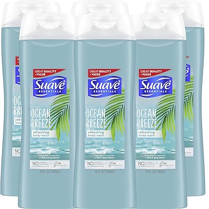 Suave Essentials Body Wash For Hydrated, Smooth Skin Ocean Breeze with Sea Algae Extract and Vitamin E 15 oz, Pack of 6