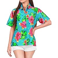 HAPPY BAY Women's Button Down Blouses Casual Summer Beach Party Blouse Shirt Dressy Colorful Blouses Short Sleeve Vacation Hawaiian T Shirts for Women L Hibiscus Flower, Blue