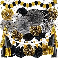 ZERODECO Party Decorations, 41 Pcs Black and Gold Papar Fans Pompoms Garlands String Tissue Paper Tassel for Graduation Congrats Grad New Years Wedding Birthday Party