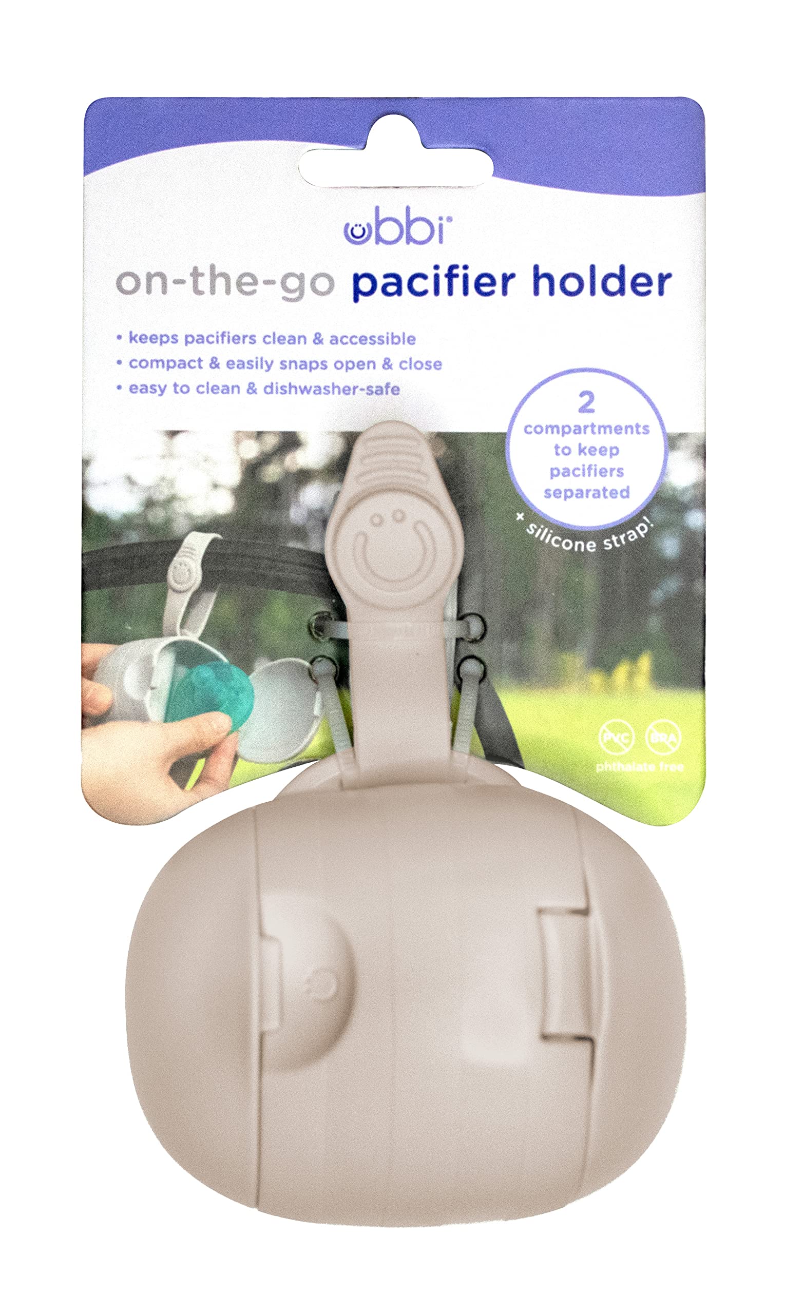 Ubbi On-The-Go Dual Pacifier Holder, Keep's Baby's Binkies Clean and Accessible, Portable for Travel, Diaper Bag Accessory Must Have for Newborns, Taupe