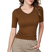 Amoretu Women's V Neck T Shirts Slim Fitted Half Sleeve Tops Basic Tees