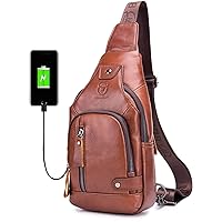BULLCAPTAIN Leather Sling Bag Mens Chest Bag Casual Shoulder Crossbody Bag Travel Backpacks Daypack with USB Charging Port