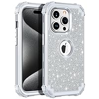 LONTECT for iPhone 15 Pro Max Case Glitter Sparkly Bling 3 in 1 Shockproof Heavy Duty Hybrid Sturdy High Impact Protective Cover Case for Apple iPhone 15 Pro Max,Shiny Silver