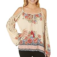 Angie Women's Long Sleeve Cold Shoulder Top with Crochet and Tie Front