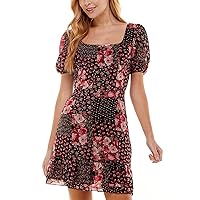 Womens Juniors Puff Sleeve Lace-Up Fit & Flare Dress Black 1