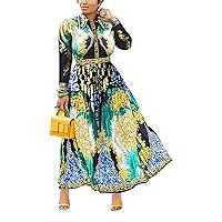 Cololura Women Elegant Long Sleeve Print Lapel Floral Pullover A-Line Pleated Midi Dress Party Casual Formal Dress
