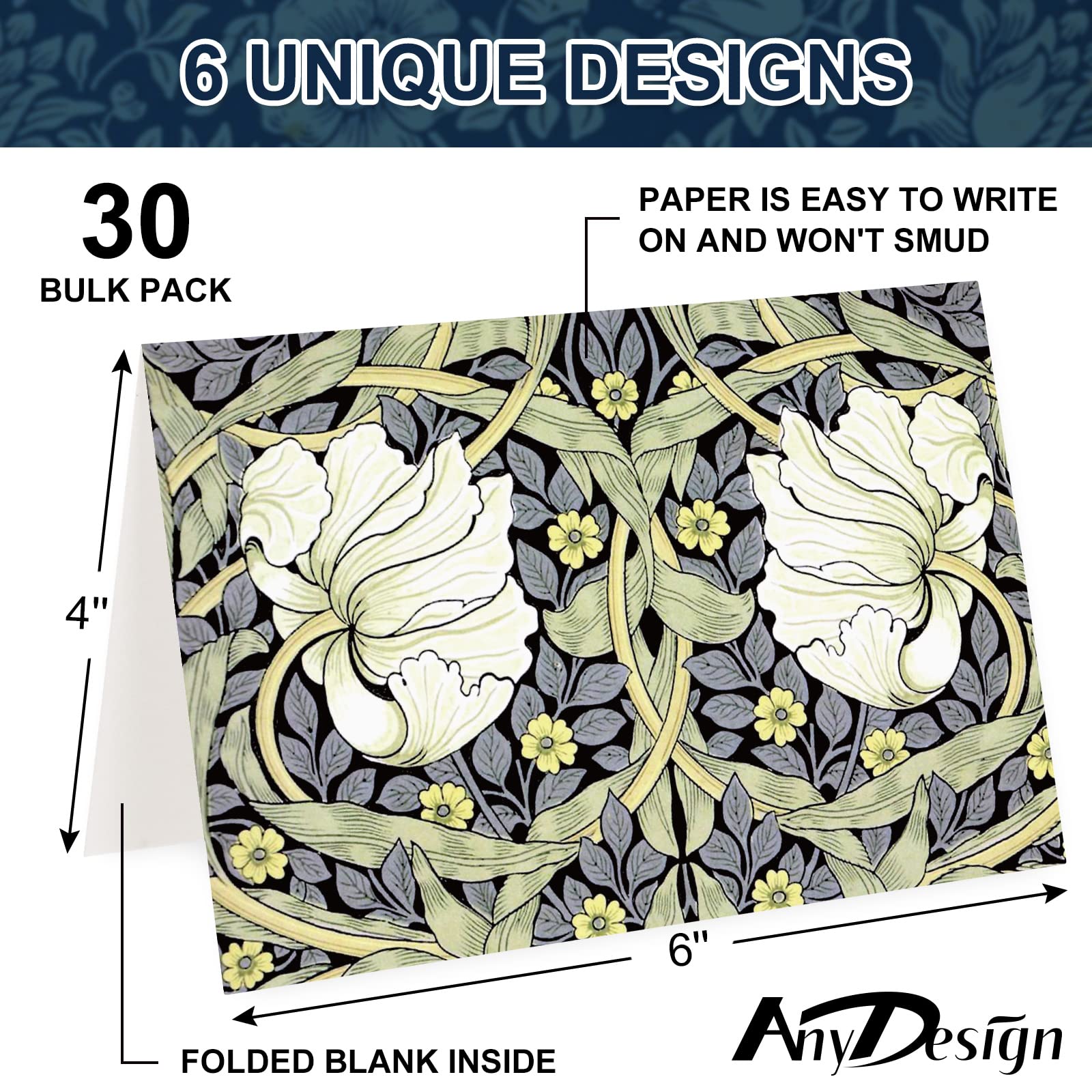 AnyDesign William Morris Greeting Cards with Envelopes Stickers Vintage Floral Stationery Cards Retro Flower Blank Note Cards for Wedding Birthday Baby Shower Thank You Supplies, 4 x 6 Inch