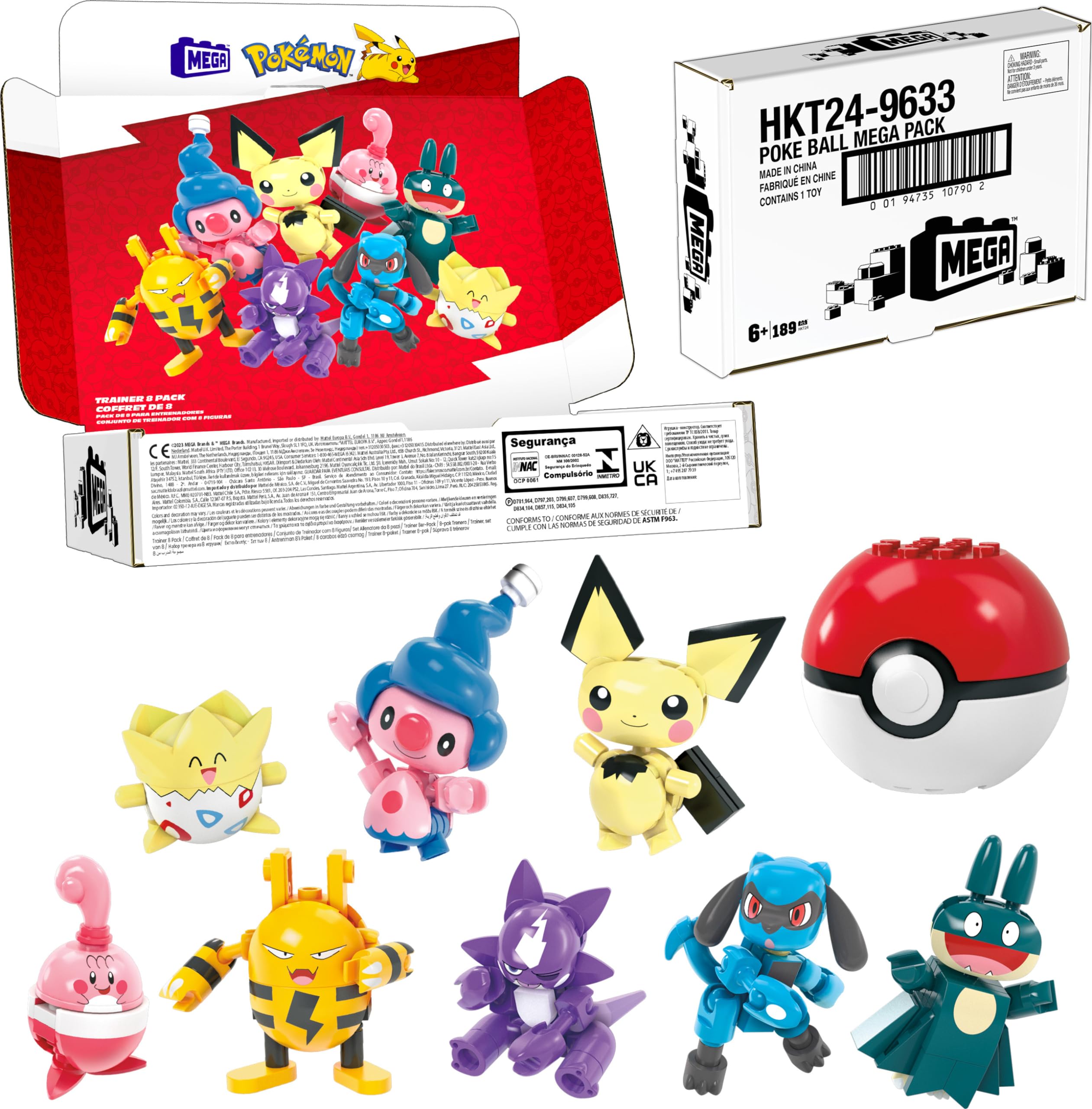 MEGA Pokemon Action Figure Building Toys, Trainer 8 Pack with 189 Pieces, Togepi Pichu Happiny Munchlax Riolet Toxel Elekix and Mime Jr, For Kids (Amazon Exclusive)