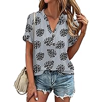 Womens Tops V Neck Rolled Short Sleeve Summer T Shirts Casual Button Trendy Loose Fit Business Dressy Blouses