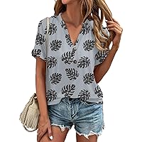 Womens Summer Tops Floral Short Sleeve V Neck Blouses for Women Dressy Casual Loose Shirts