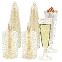 20 Pcs Clear Champagne Flutes 5 OZ Plastic Glitter Champagne Flutes Reusable Stemmed Party Wine Cups Crystal Wine Cocktail Cups for Garden Wedding Birthday Anniversary Party (Gold A)
