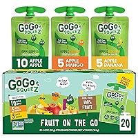 GoGo squeeZ Fruit on the Go Variety Pack, Apple, Mango & Banana, 3.2 oz (Pack of 20), Unsweetened Fruit Snacks for Kids, Gluten Free, Nut Free and Dairy Free, Recloseable Cap, BPA Free Pouches