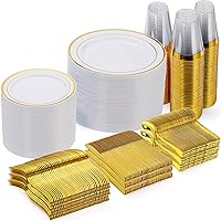 600 Pieces Gold Disposable Plates for 100 Guests, Plastic Plates for Party, Dinnerware Set of 100 Dinner Plates, 100 Salad Plates, 100 Spoons, 100 Forks, 100 Knives, 100 Cups