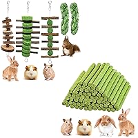 Rabbit Toys,50Pcs Timothy Hay Stick for Guinea Pig Toy + 5pcs Bunny Chew Treat for Teeth Grinding,Hanging Timothy Hay Ball Apple Stick Wood +Alfalfa Grass Cake Food Snack for Cage Guinea Pig C
