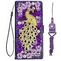 Sparkly Leather Wallet Phone Case for Motorola Moto G Stylus 5G (2022) Case with 2 Pack Glass Screen Protector and 2 Lanyards, Bling Flip Girly Cover (Purple Peacock)