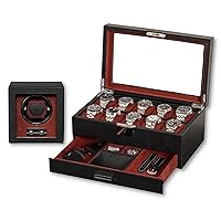 Gift Set 10 Slot Leather Watch Box with Valet Drawer & Matching Single Watch Winder - Luxury Watch Case Display Organizer, Locking Mens Jewelry Watches Holder, Men's Storage Boxes Glass Top Black/Red