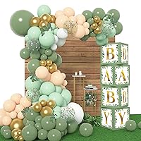 Amandir 143Pcs Baby Boxes Sage Green Baby Shower Decorations, Olive Green Balloon Garland Kit 4 Baby Blocks Gold Letter for Gender Neutral Boy Girl Safari Jungle Biythday Party Supplies