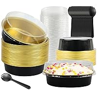 Round Baking Tins With Lids, 30PCS 7.2OZ Individual Mini Cake Pans With Lids Aluminum Round Pan Disposable Ramekins Mini Aluminum Pans with Lids Gifts for Mom Brithday Holiday, Black Gold