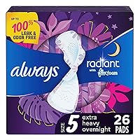 Always Radiant Feminine Pads for Women, Size 5 Extra Heavy Overnight Pads, with Flexfoam, with Wings, Light Clean Scent, 26 count (Pack of 1)