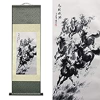 AtfArt Asian Wall Decor Beautiful Silk Scroll Painting Horse to Success - Win Instant Success Oriental Decor Chinese Art Wall Scroll Wall Hanging Painting Scroll (36.2 x 12 in)