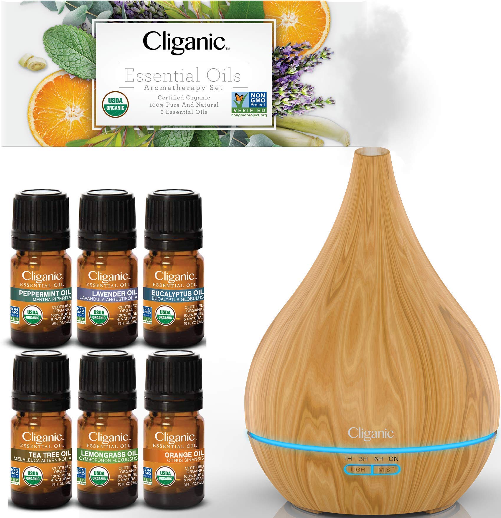 Cliganic Organic Aromatherapy Set (Top 6) with Diffuser
